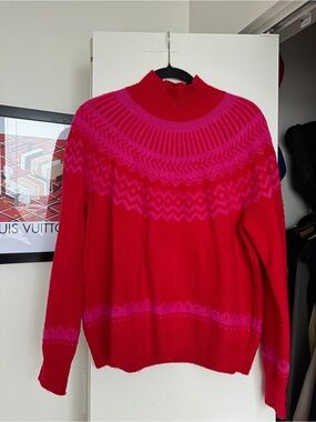 Ann Taylor Red Sweater with Pink Yoke Pattern